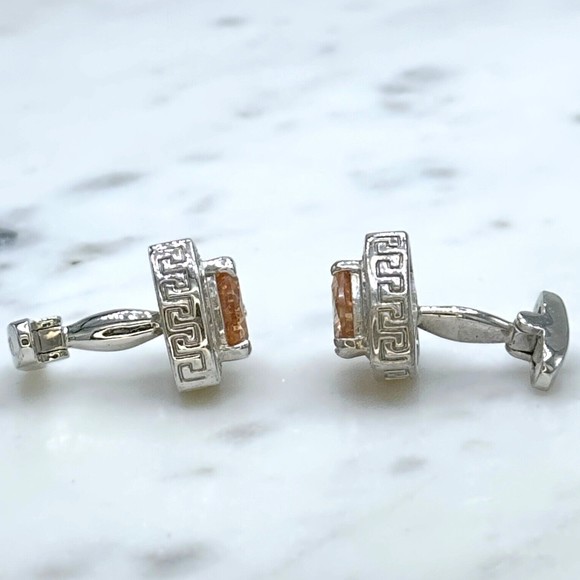 Angelino Silver Tone Orange Rhinestone Meander Border Greek Motif Cufflinks - Picture 4 of 11